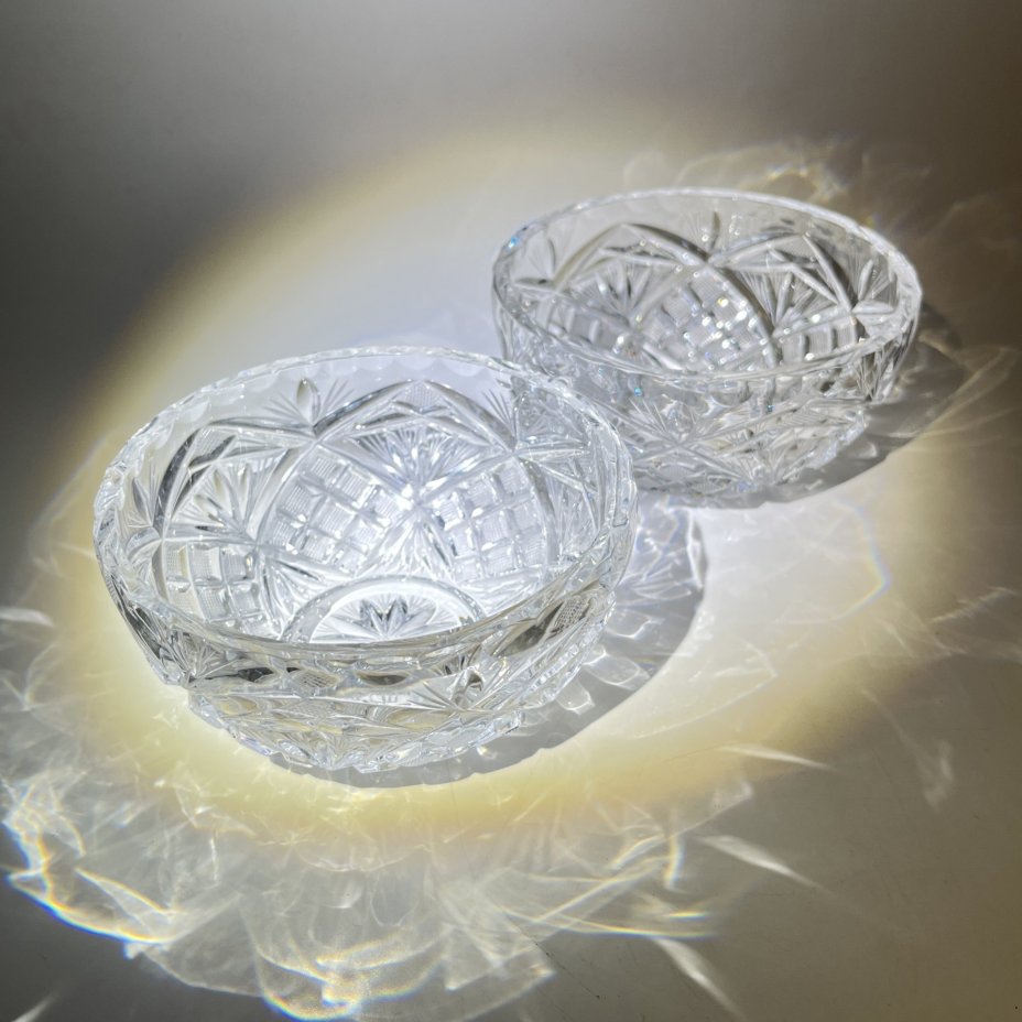 Две розетки с резным геометрическим декором, хрусталь, алмазная грань, СССР, 1970-1990 гг.