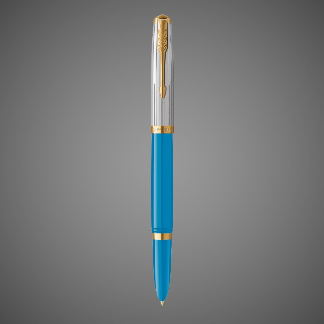 Перьевая ручка Parker 51 Premium Turquoise GT и кожаный чехол на молнии перо; M/F, чернила: Black,Blue, в подарочной упаковке., Металлы: нержавеющая сталь, Позолота 23 Ct, смола