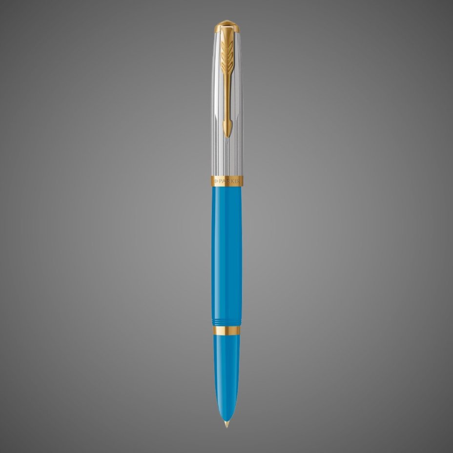Перьевая ручка Parker 51 Premium Turquoise GT и кожаный чехол на молнии перо; M/F, чернила: Black,Blue, в подарочной упаковке., Металлы: нержавеющая сталь, Позолота 23 Ct, смола
