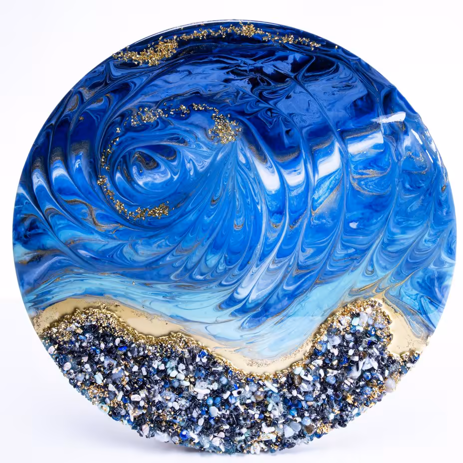 Панно настенное декоративное "Морской берег", авторская работа в технике Resin Art, глянцевое 3D покрытие, камень, Россия, 2021 г.