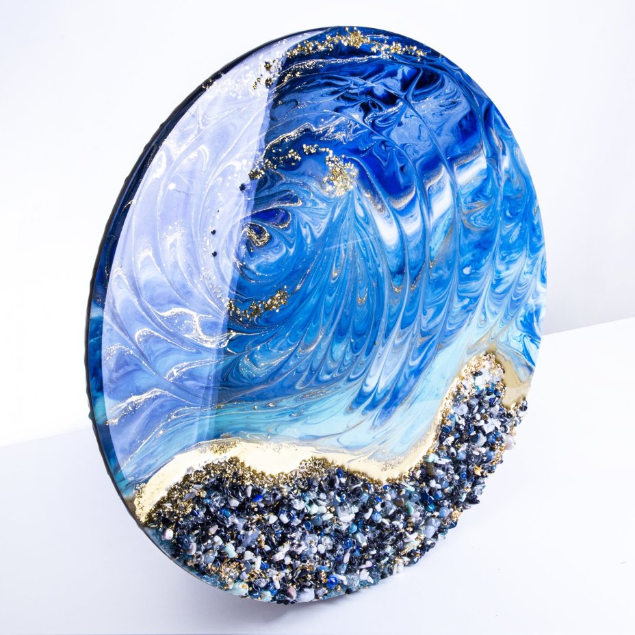 Панно настенное декоративное "Морской берег", авторская работа в технике Resin Art, глянцевое 3D покрытие, камень, Россия, 2021 г.