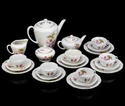 Сервиз чайный с цветочным декором на 6 персон (22 предмета), фарфор, деколь, золочение, Kahla-Könitz, Германия, 1954-1962 гг.