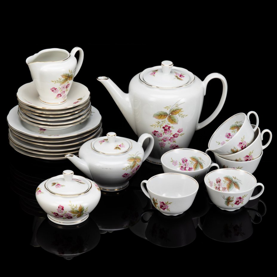 Сервиз чайный с цветочным декором на 6 персон (22 предмета), фарфор, деколь, золочение, Kahla-Könitz, Германия, 1954-1962 гг.