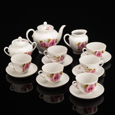 Сервиз чайный с декором в виде роз, на 6 персон (15 предметов)