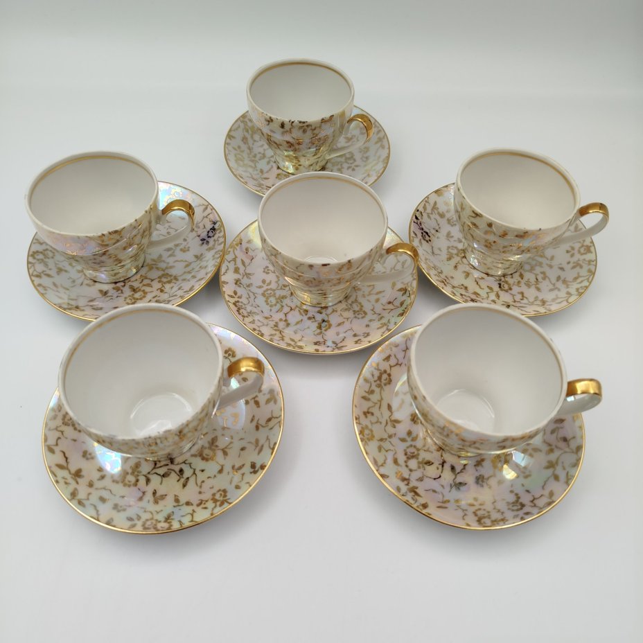 Кофейный сервиз "Флора" на 6 персон (15 предметов), фарфор, деколь, люстр, золочение, Kahla, ГДР, 1968-1987 гг.