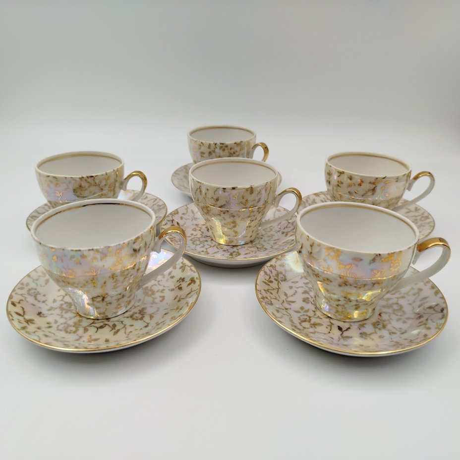 Кофейный сервиз "Флора" на 6 персон (15 предметов), фарфор, деколь, люстр, золочение, Kahla, ГДР, 1968-1987 гг.