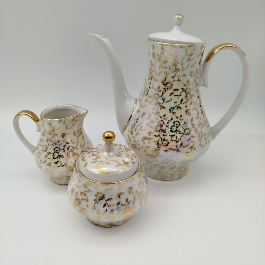 Кофейный сервиз "Флора" на 6 персон (15 предметов), фарфор, деколь, люстр, золочение, Kahla, ГДР, 1968-1987 гг.