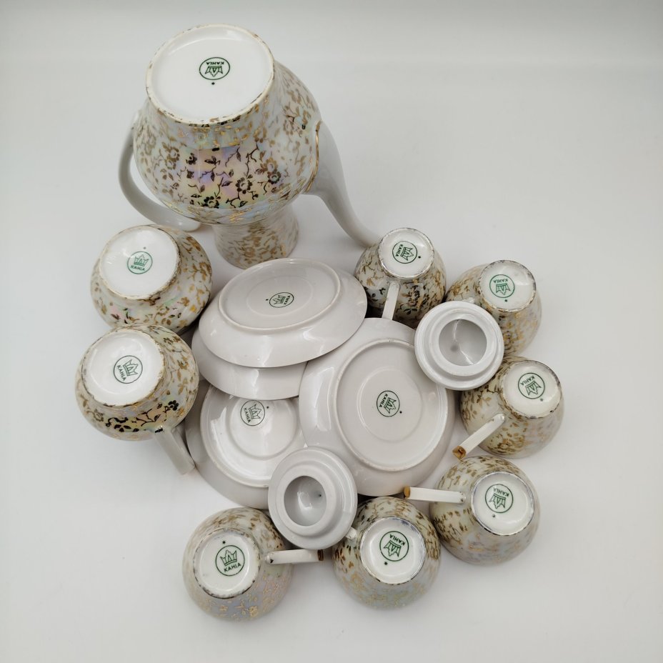 Кофейный сервиз "Флора" на 6 персон (15 предметов), фарфор, деколь, люстр, золочение, Kahla, ГДР, 1968-1987 гг.