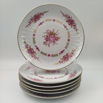Набор десертных тарелок с цветочным декором на 6 персон, фарфор, деколь, золочение, Graf Von Henneberg Porzellan, 1777 Jlmenau, ГДР, 1977-1990 гг.