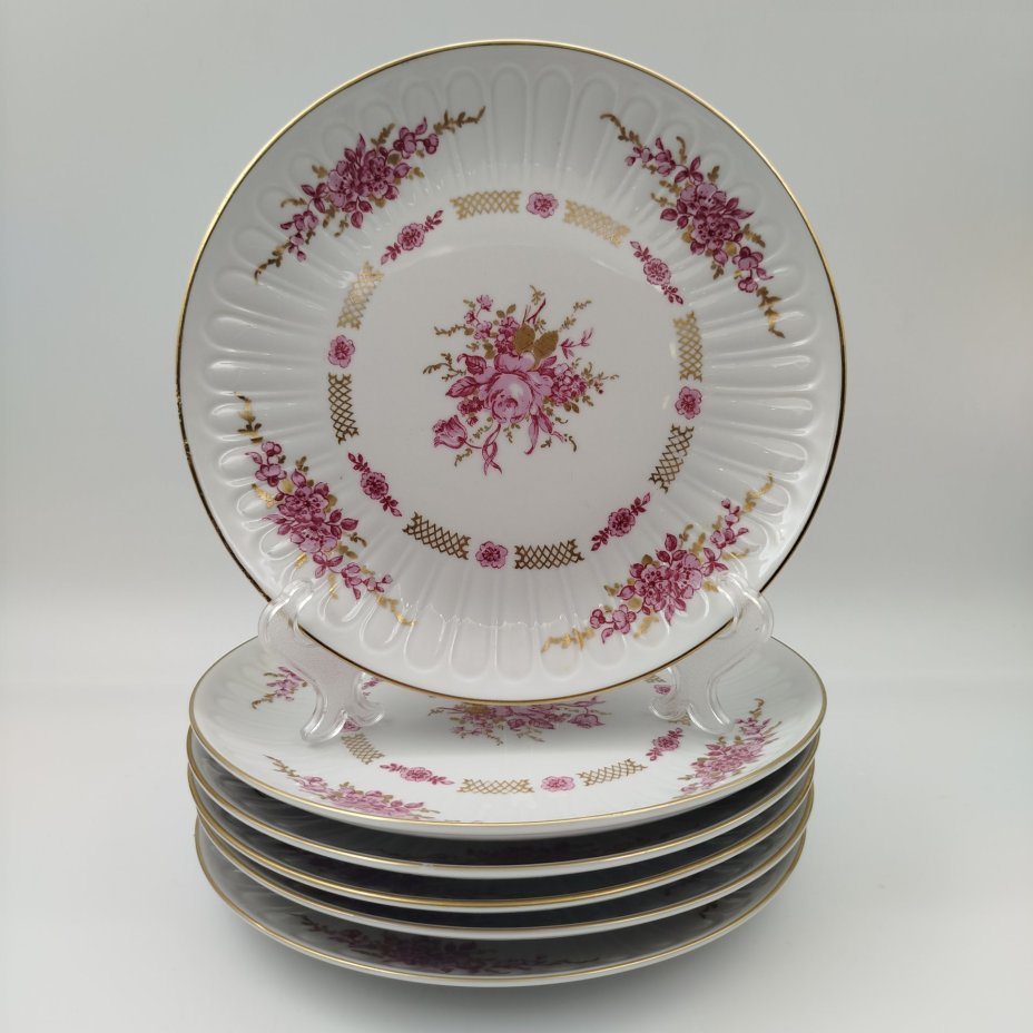 Набор десертных тарелок с цветочным декором на 6 персон, фарфор, деколь, золочение, Graf Von Henneberg Porzellan, 1777 Jlmenau, ГДР, 1977-1990 гг.