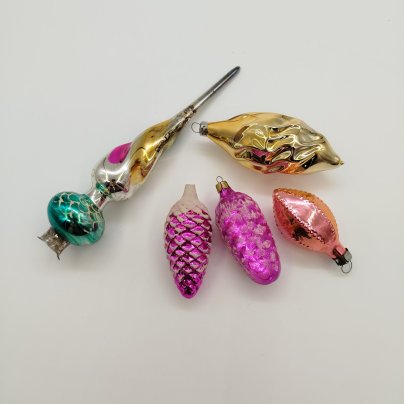 Набор из пяти ёлочных игрушек, стекло, металл, СССР, 1960-1980 гг.