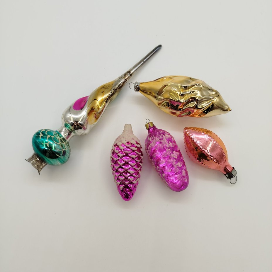 Набор из пяти ёлочных игрушек, стекло, металл, СССР, 1960-1980 гг.