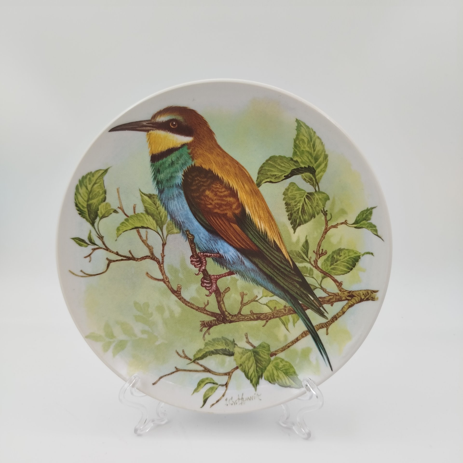 Тарелка декоративная настенная "Золотистая щурка", фарфор, деколь, Дмитровский фарфоровый завод (ДФЗ Вербилки), СССР, 1965-1991 гг.