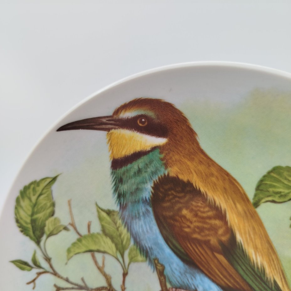 Тарелка декоративная настенная "Золотистая щурка", фарфор, деколь, Дмитровский фарфоровый завод (ДФЗ Вербилки), СССР, 1965-1991 гг.