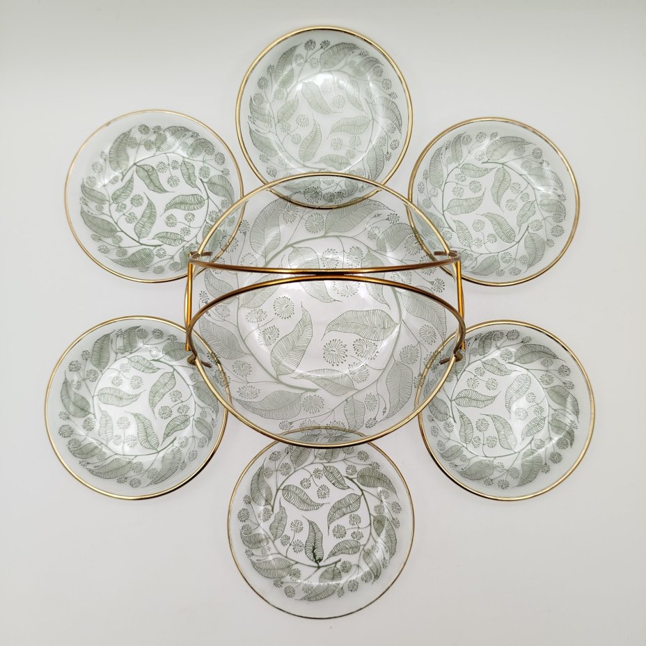 Набор для подачи десерта (вазочка с ручкой и 6 розеток) с растительным декором