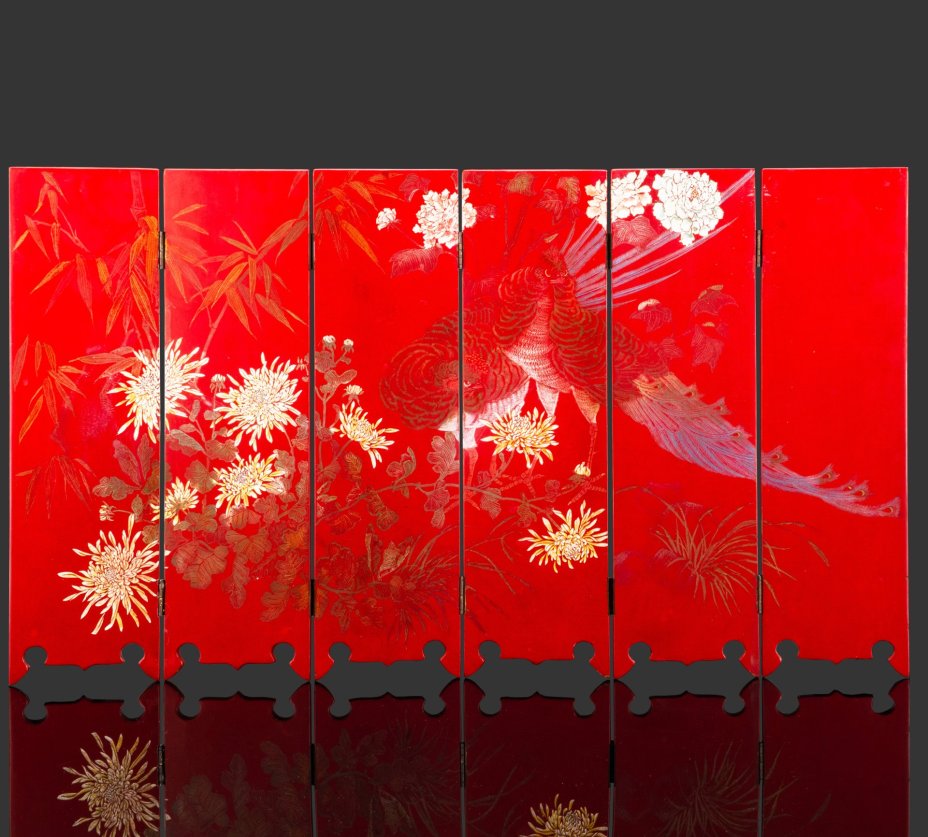 Ширма настольная 6-ти секционная, украшенная изображением фазанов и цветов