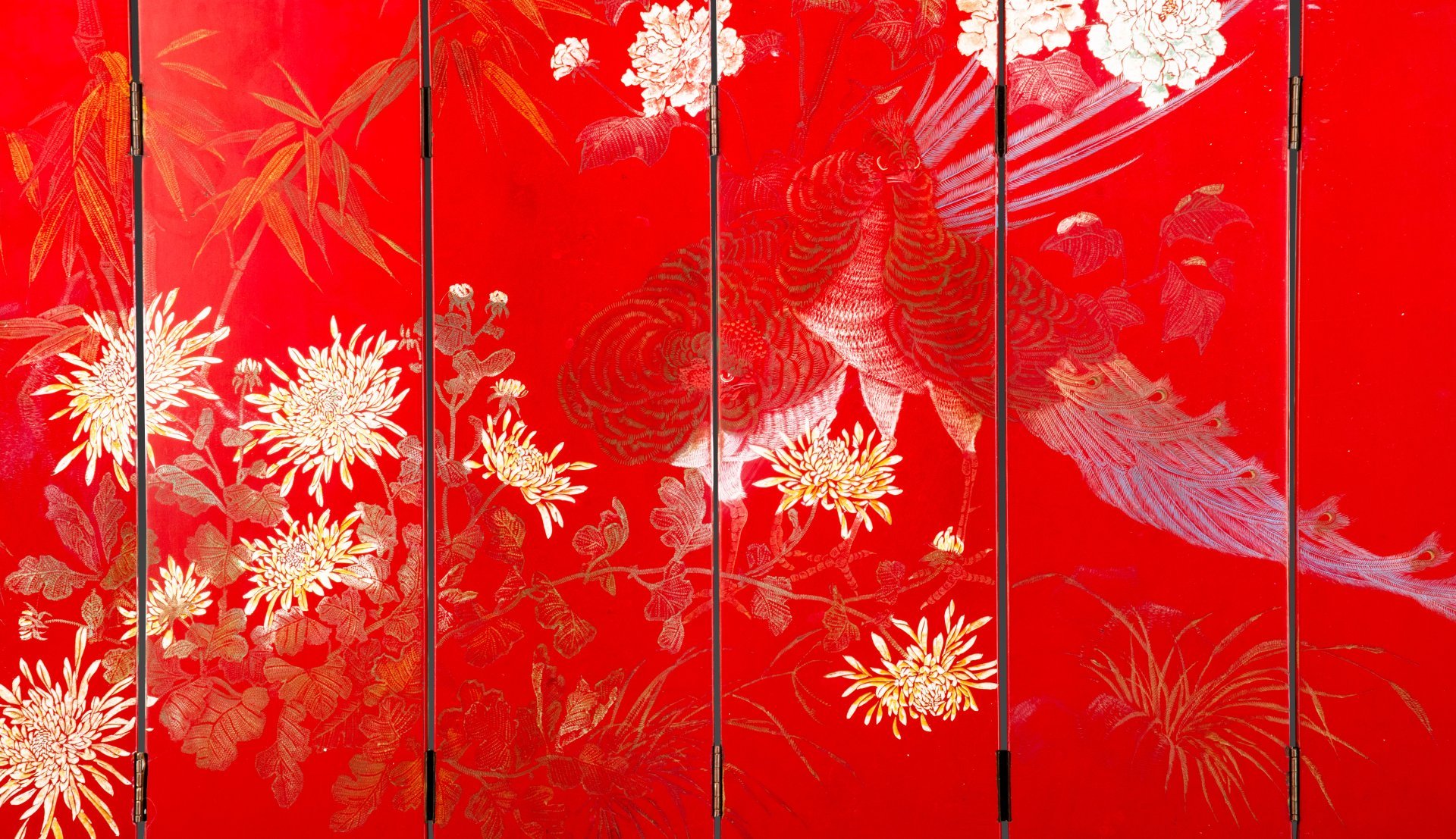 Ширма настольная 6-ти секционная, украшенная изображением фазанов и цветов