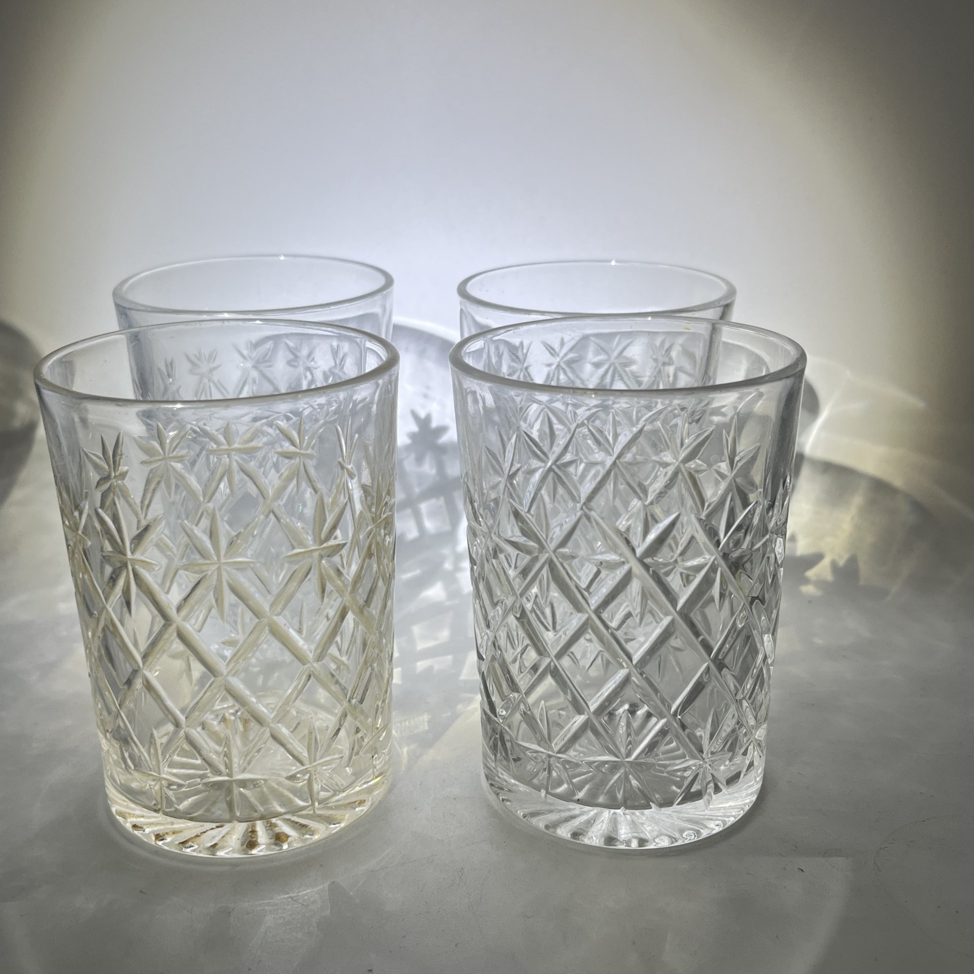 Набор из 4 стаканов с геометрическим декором, хрусталь, алмазная грань, СССР, 1970-1990 гг.