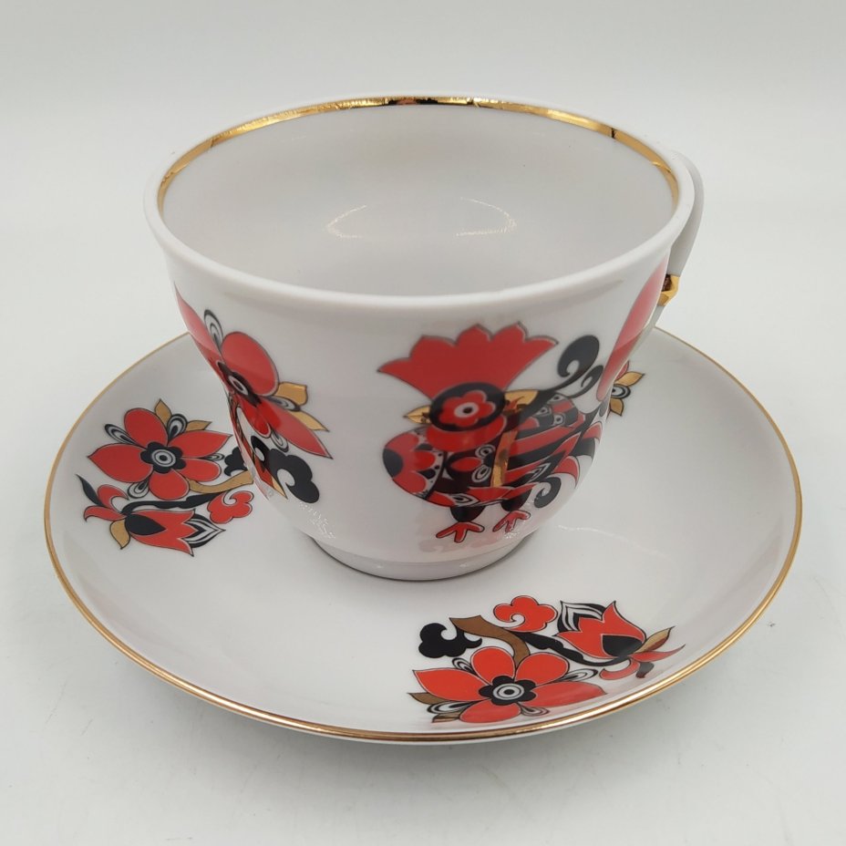 Пара чайная "Красный петух" в оригинальной коробке, форма "Сударыня", фарфор, деколь, золочение, Императорский фарфоровый завод (ИФЗ), СССР, 2006-2020 гг.
