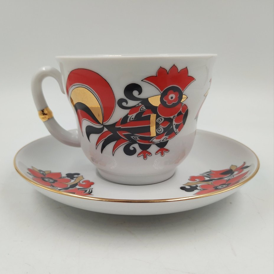 Пара чайная "Красный петух" в оригинальной коробке, форма "Сударыня", фарфор, деколь, золочение, Императорский фарфоровый завод (ИФЗ), СССР, 2006-2020 гг.
