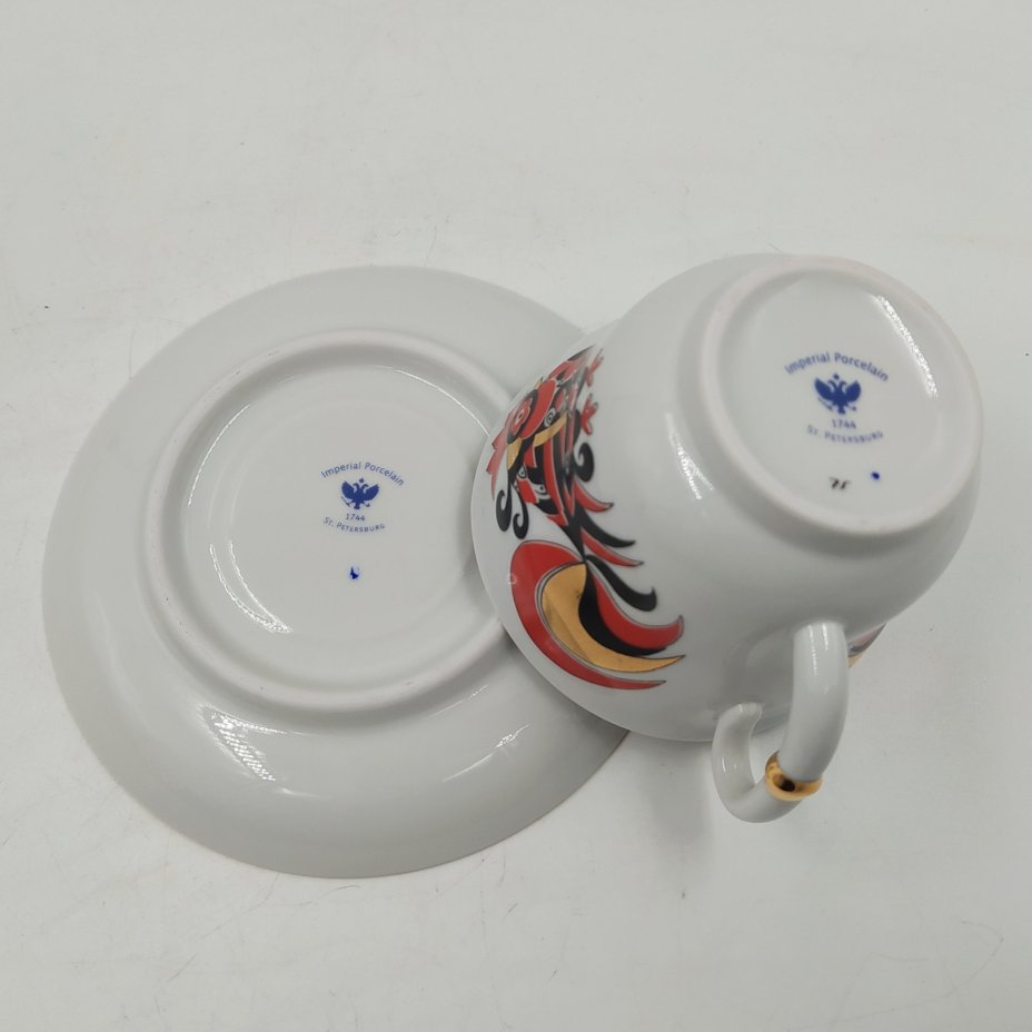 Пара чайная "Красный петух" в оригинальной коробке, форма "Сударыня", фарфор, деколь, золочение, Императорский фарфоровый завод (ИФЗ), СССР, 2006-2020 гг.