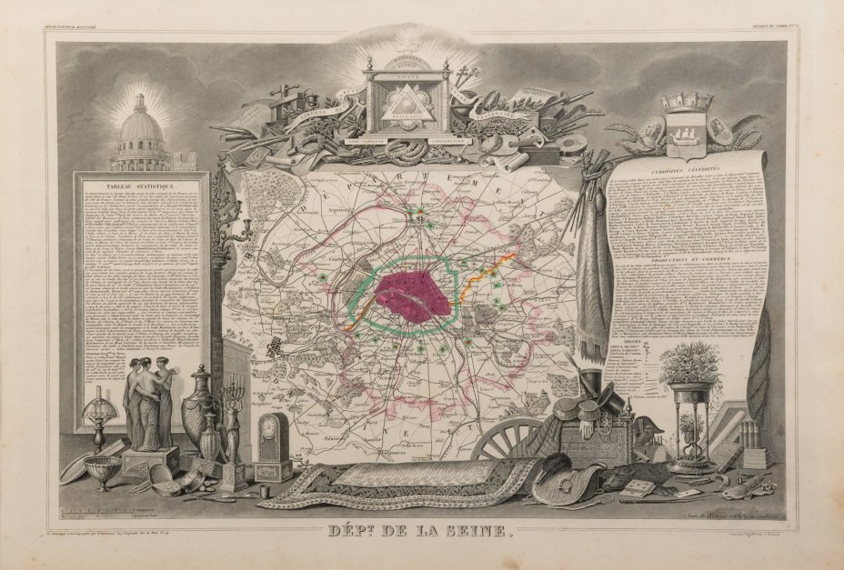 Гравюра "Карта Департамента Сены (Париж) (Dept de la Seine)" в раме, автор Виктор Левассер (Victor Levasseur)
