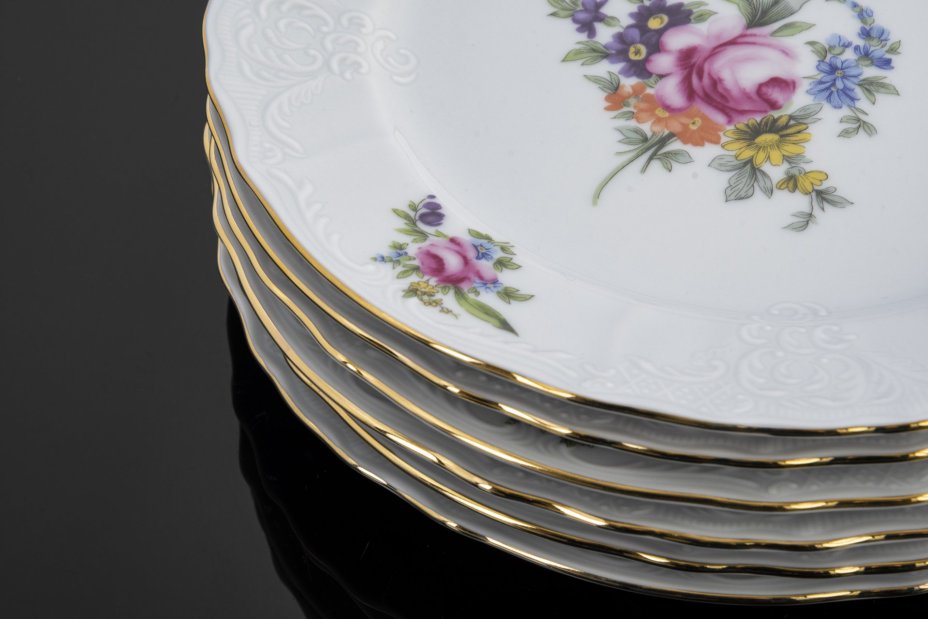 Набор из 6 обеденных тарелок с фигурным краем, орнамент "мейсенский букет" (полевые цветы), Bernadotte