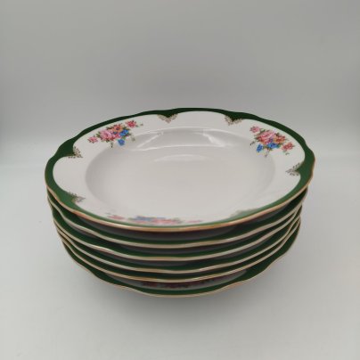 Набор из 6-ти суповых тарелок из сервиза "Воспоминание", фарфор, деколь, золочение, Дулевский фарфоровый завод (Дулёво), Российская Федерация, 1999 г.