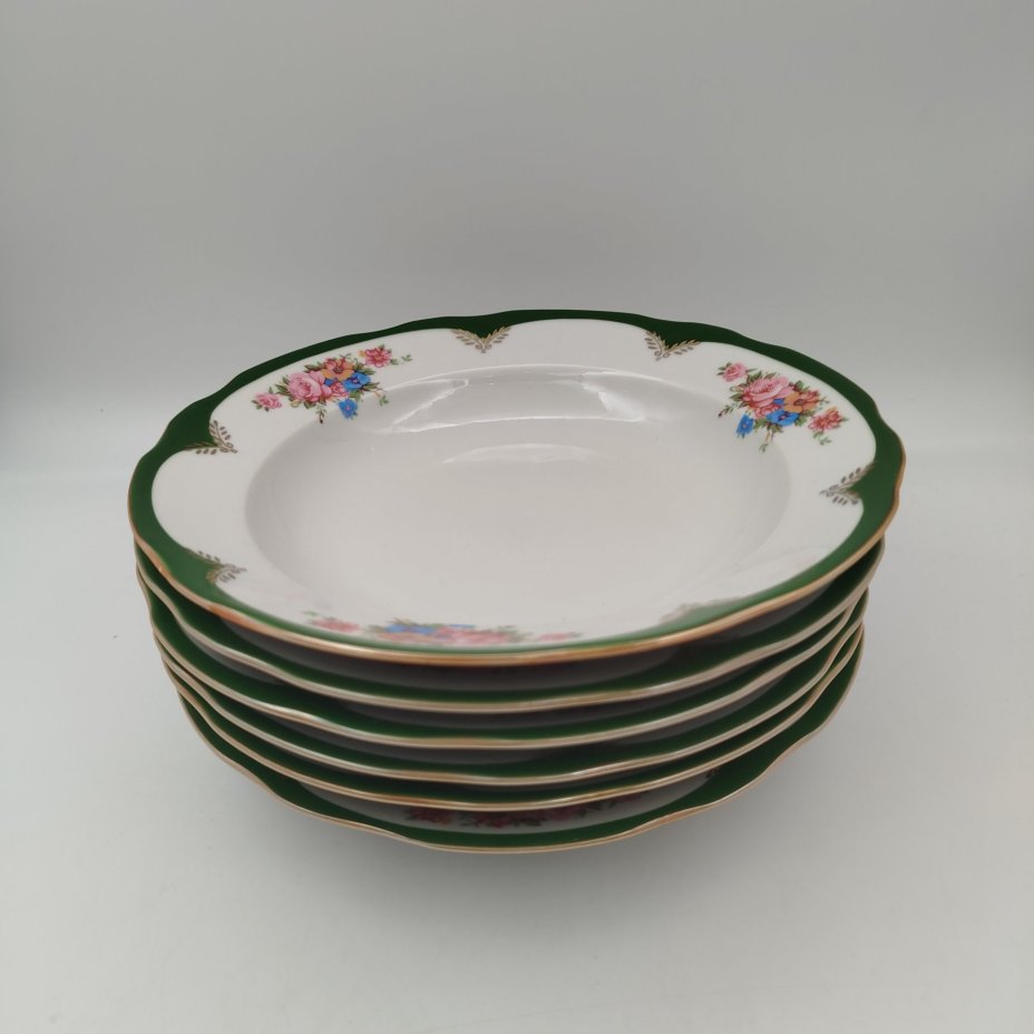 Набор из 6-ти суповых тарелок из сервиза "Воспоминание", фарфор, деколь, золочение, Дулевский фарфоровый завод (Дулёво), Российская Федерация, 1999 г.