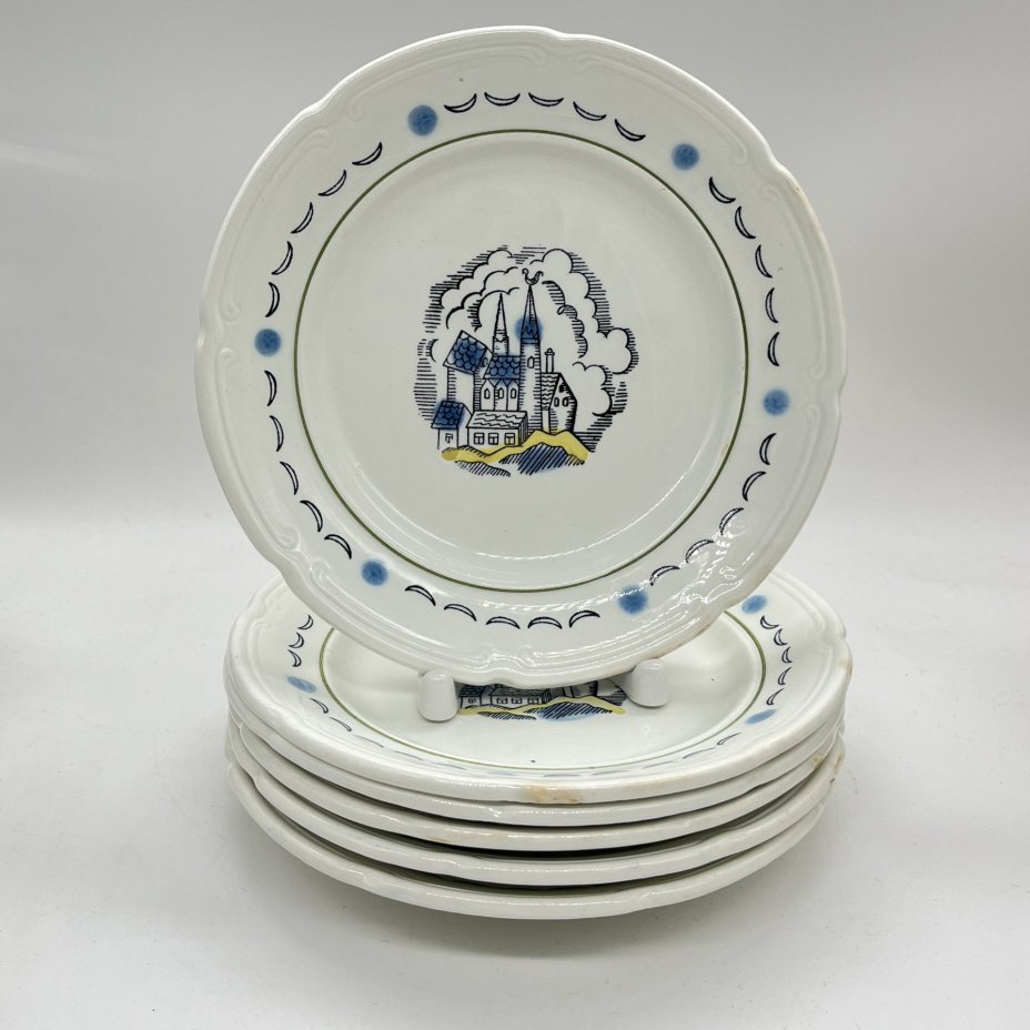 Тарелки десертные (6 шт.) "Замок", фаянс, деколь, Конаковский фаянсовый завод им. М.И. Калинина (ЗиК Конаково), СССР, 1960-1990 гг., Конаковский фаянсовый завод им. М.И. Калинина (ЗиК Конаково)