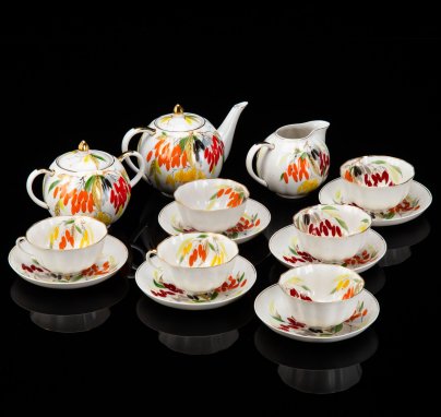 [Редкость] Сервиз чайный "Барбарис" на 6 персон (15 предметов), автор Яснецов В.К., фарфор, роспись надглазурная, золочение, Дулевский фарфоровый завод (Дулёво), СССР, 1957 г.