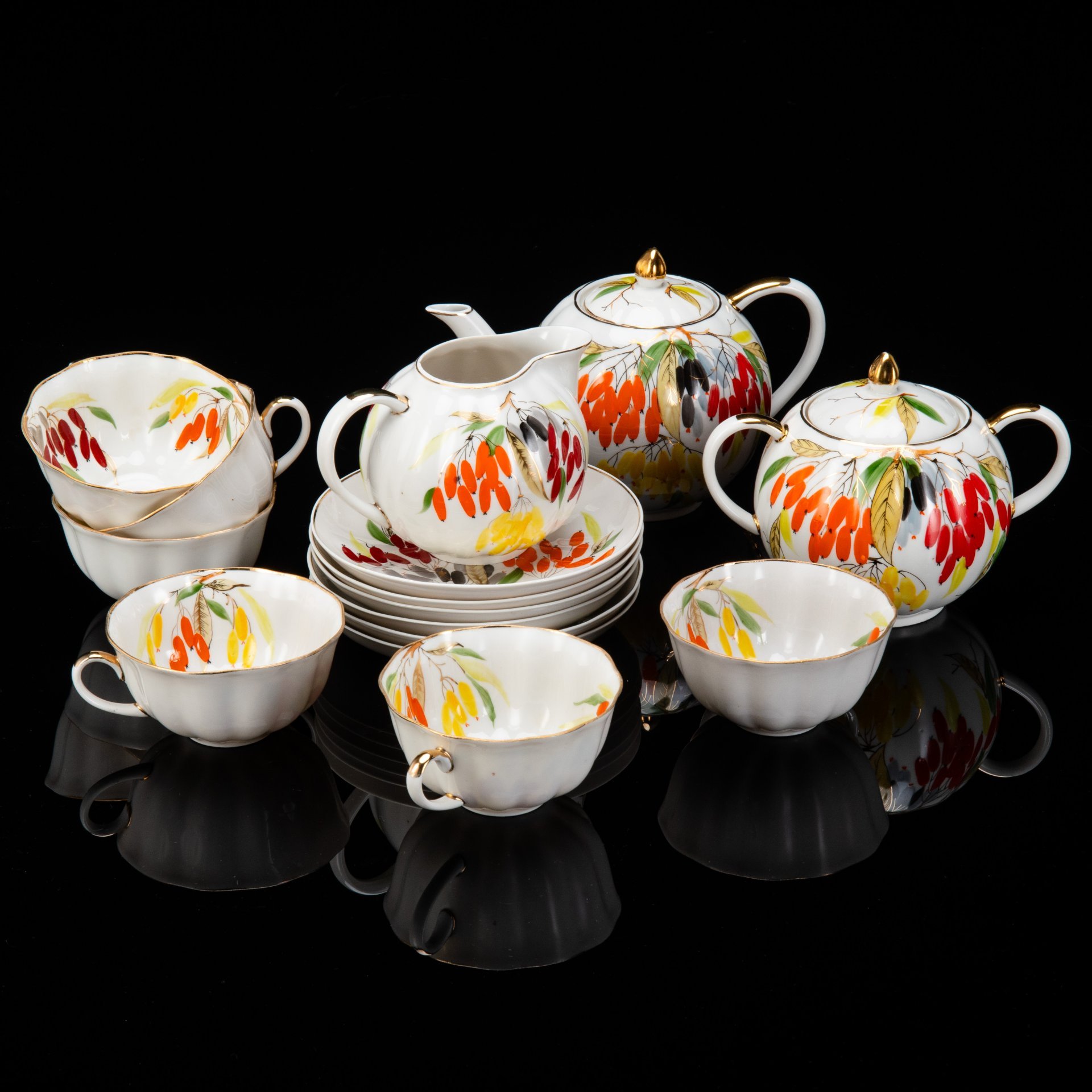 [Редкость] Сервиз чайный "Барбарис" на 6 персон (15 предметов), автор Яснецов В.К., фарфор, роспись надглазурная, золочение, Дулевский фарфоровый завод (Дулёво), СССР, 1957 г.