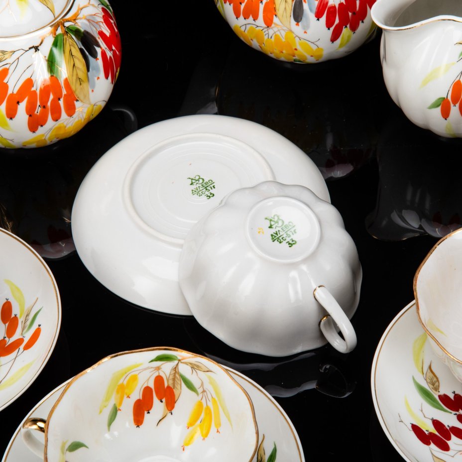 [Редкость] Сервиз чайный "Барбарис" на 6 персон (15 предметов), автор Яснецов В.К., фарфор, роспись надглазурная, золочение, Дулевский фарфоровый завод (Дулёво), СССР, 1957 г.