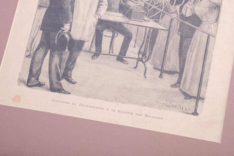 Иллюстрация "Auditions du Phonographe a la Galerie des Machines" (Прослушивание фонографа в Галерее машин) из журнала "L’Exposition De Paris de 1889" (Парижская выставка 1889 г.) в паспарту и застеклённой раме, Издательство «Librairie Illustrée»