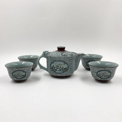 Набор для чаепития из заварочного чайника и 4-х чашек с зимним пейзажем, керамика, полива, деколь, роспись, Азия, 2005-2015 гг.
