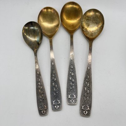 Набор из 4 десертных ложек "Цветы", мНЦ (медь-никель-цинк), СССР, 1970-1980 гг.