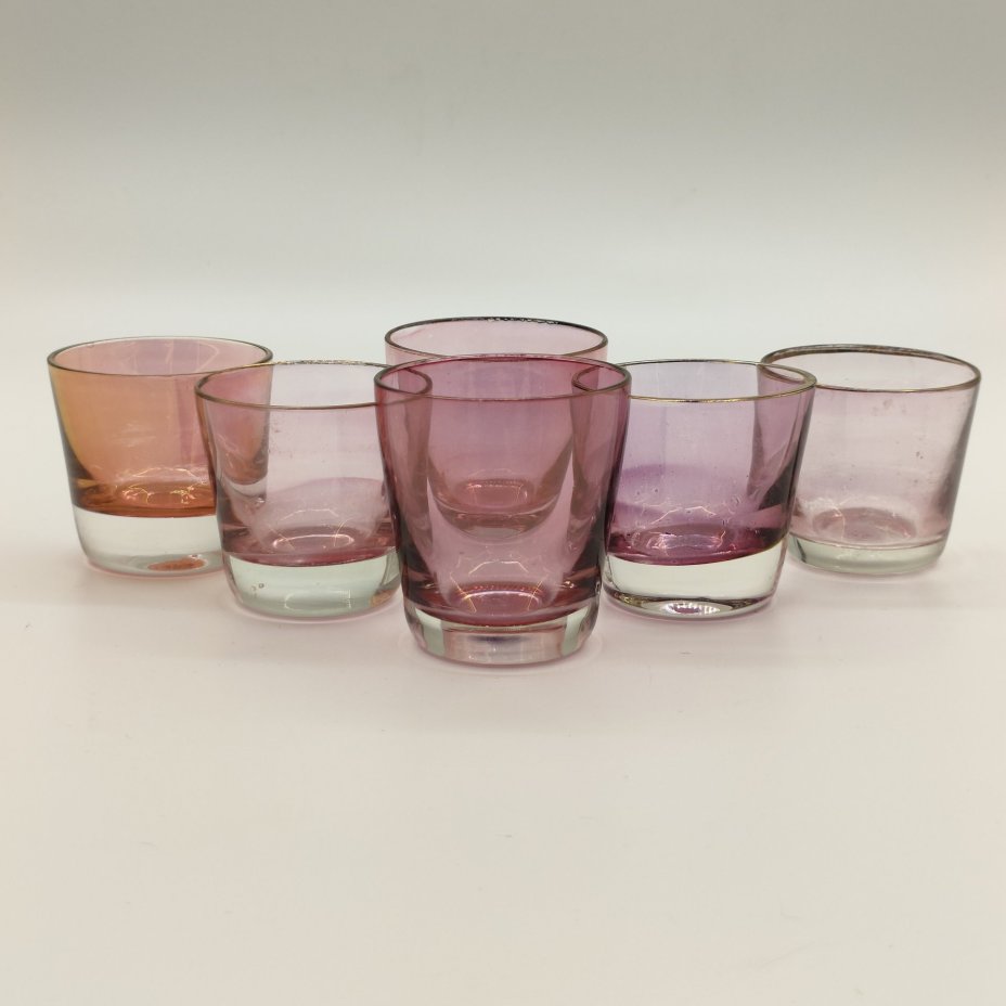 Набор стопок розового оттенка на 6 персон (в подборе), цветное стекло, золочение