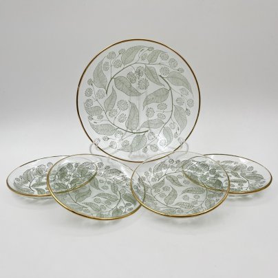 Набор для подачи десерта (вазочка и 4 розетки) с растительным декором, стекло, металл, золочение, Российская Федерация, 1995-2015 гг.