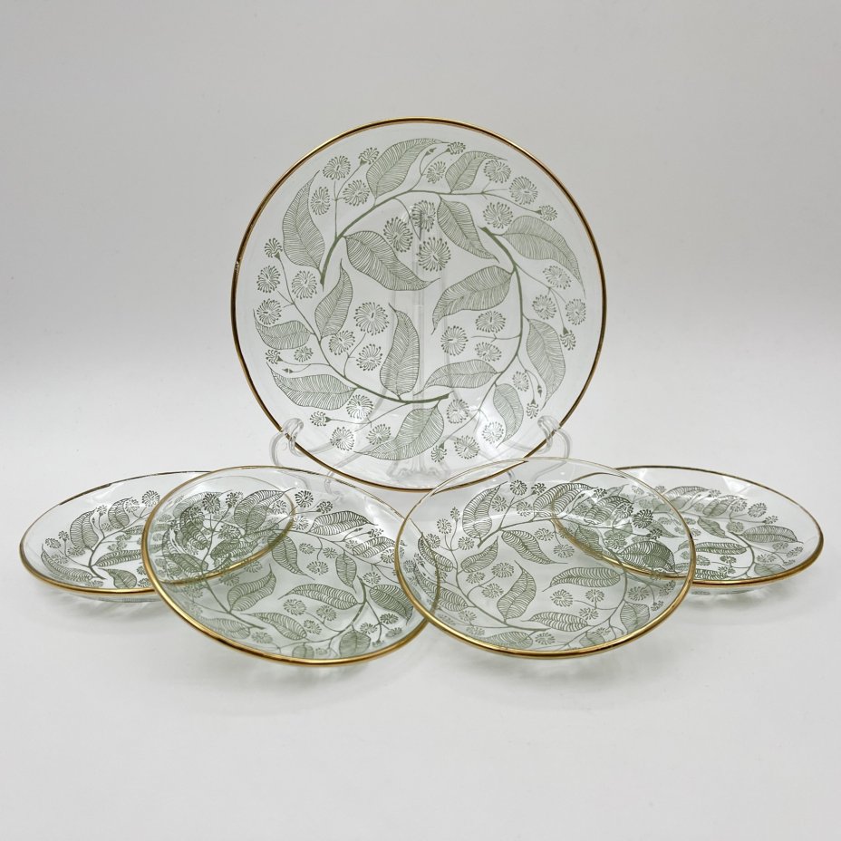 Набор для подачи десерта (вазочка и 4 розетки) с растительным декором, стекло, металл, золочение, Российская Федерация, 1995-2015 гг.