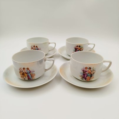 Набор чайно-кофейных пар с изображением девушек в саду на 4 персоны, фарфор, деколь, Victoria, Чехословакия, 1918-1939 гг.