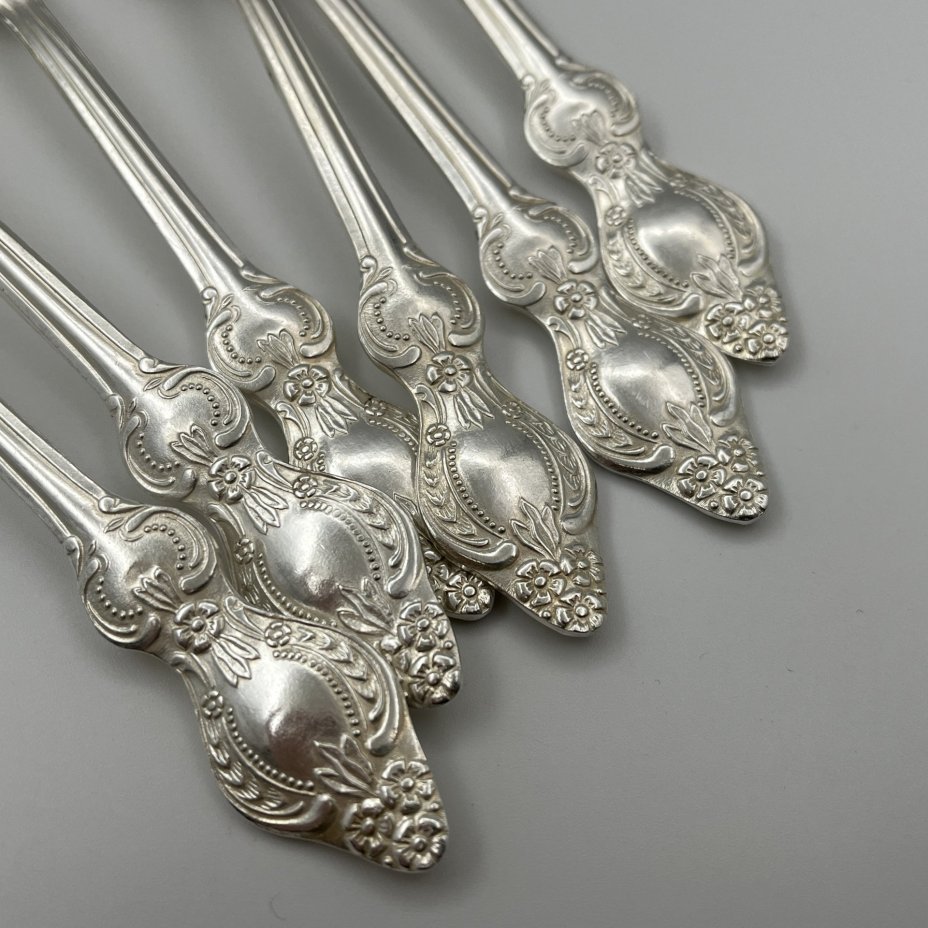 Набор столовых ложек на 6 персон с цветочным декором, мНЦ (медь-никель-цинк), Режевский механический завод (РМ), СССР, 1980-1990 гг.