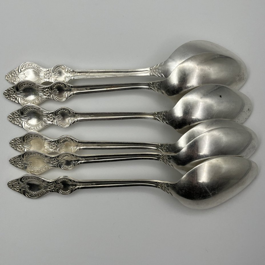 Набор столовых ложек на 6 персон с цветочным декором, мНЦ (медь-никель-цинк), Режевский механический завод (РМ), СССР, 1980-1990 гг.