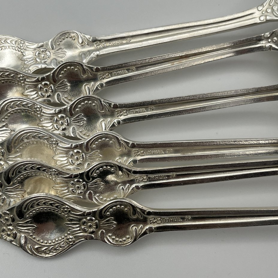 Набор столовых ложек на 6 персон с цветочным декором, мНЦ (медь-никель-цинк), Режевский механический завод (РМ), СССР, 1980-1990 гг.