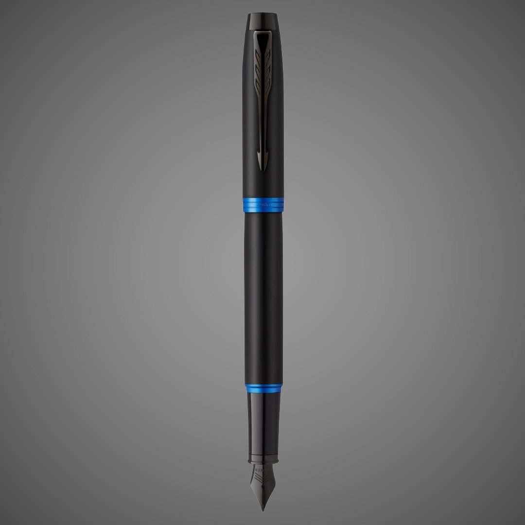 Перьевая ручка Parker IM Vibrant Rings Flame Blue, перо:F/M , цвет чернил: blue, в подарочной упаковке., Лаки и смолы: лак, латунь