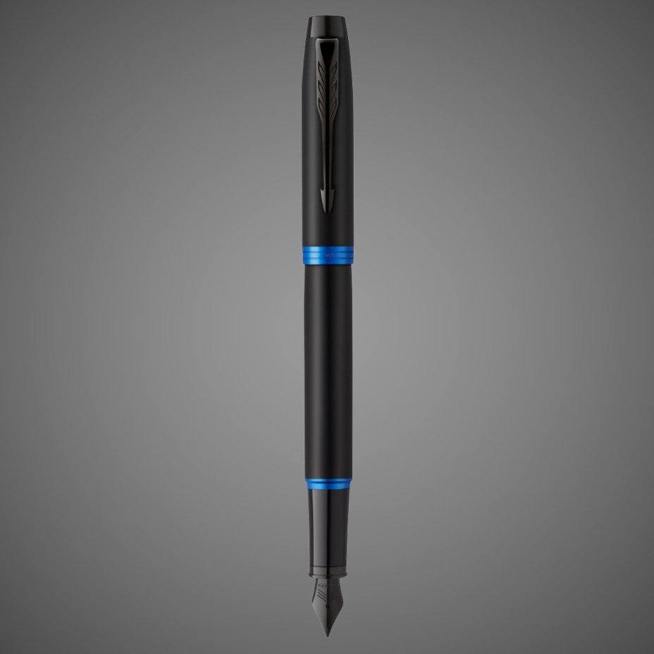 Перьевая ручка Parker IM Vibrant Rings Flame Blue, перо:F/M , цвет чернил: blue, в подарочной упаковке., Лаки и смолы: лак, латунь
