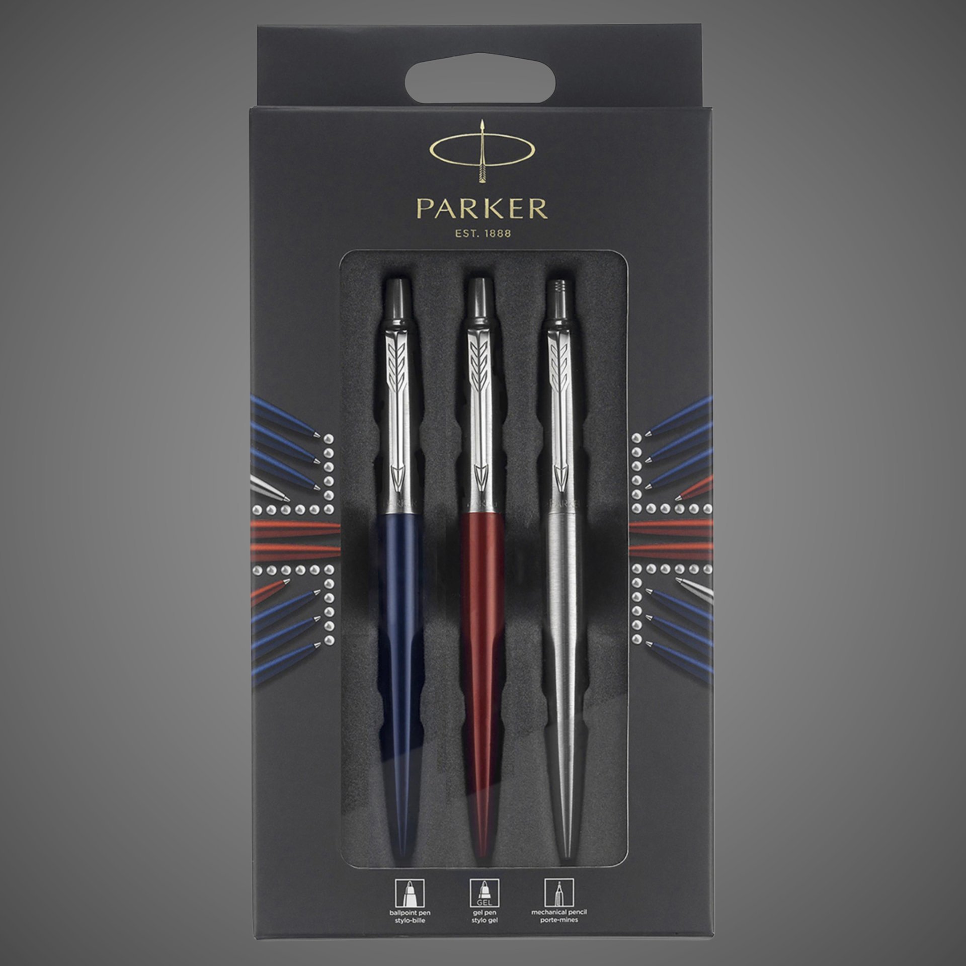 Набор Parker Jotter London Trio: гелевая ручка Red CT + шариковая ручка Blue CT + карандаш Stainless Steel CT, Лаки и смолы: лак, нержавеющая сталь