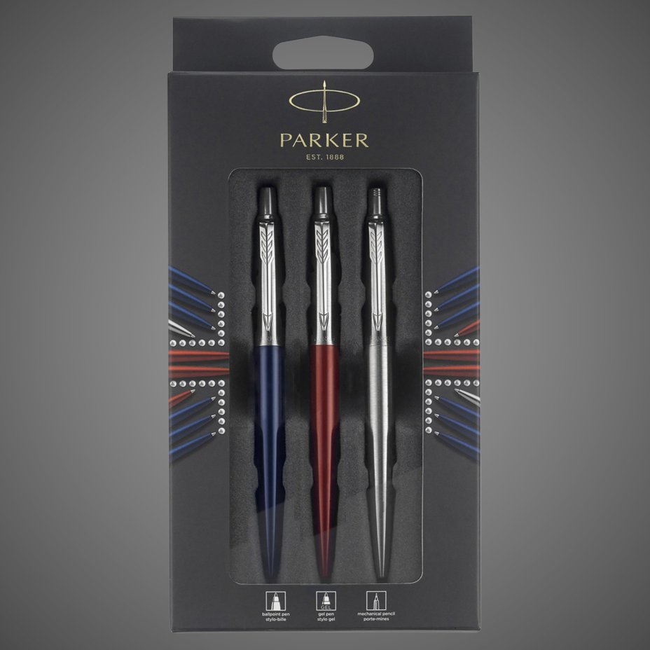 Набор Parker Jotter London Trio: гелевая ручка Red CT + шариковая ручка Blue CT + карандаш Stainless Steel CT, Лаки и смолы: лак, нержавеющая сталь