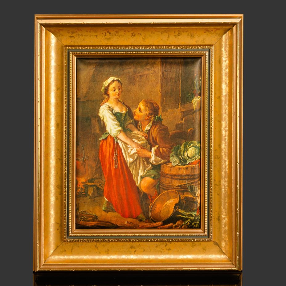 Шелкография с изображением картины Франсуа Буше "Прекрасная кухарка", в раме, дерево, шелк, печать, Россия, 1970-2000 гг.