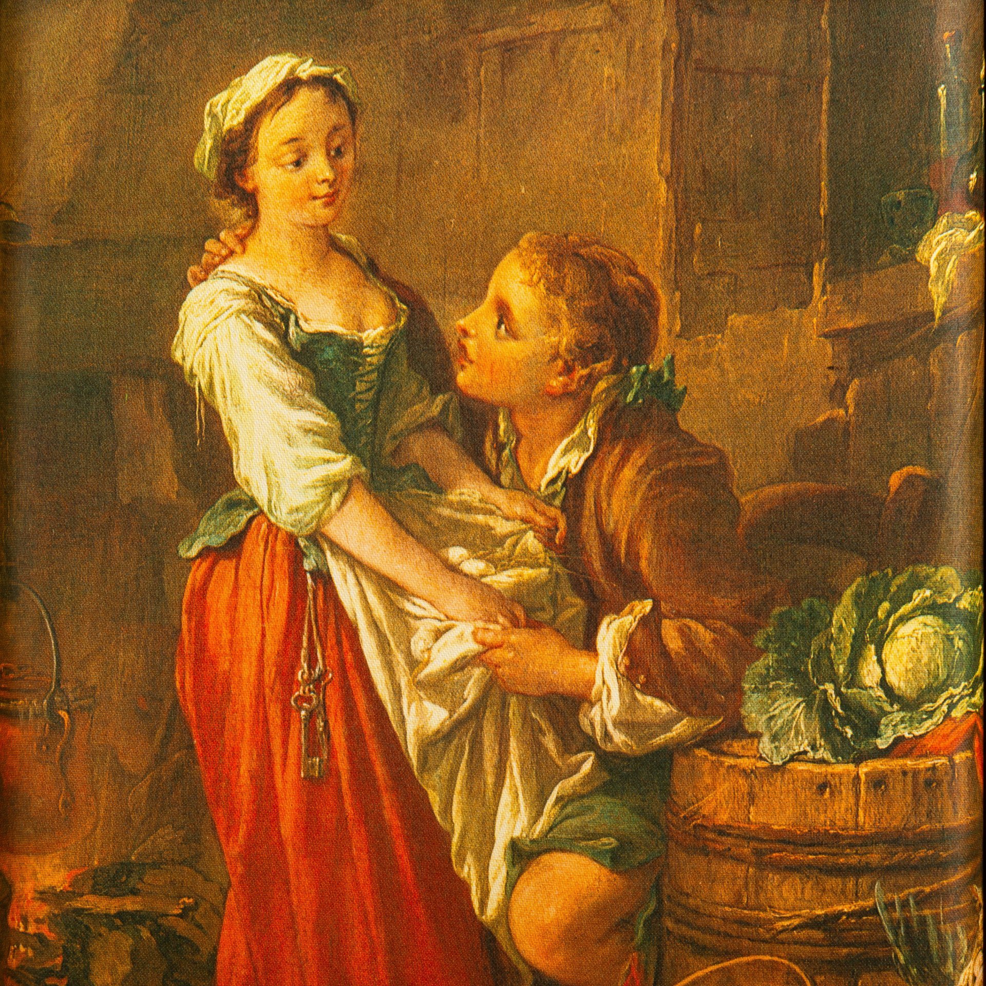 Шелкография с изображением картины Франсуа Буше "Прекрасная кухарка", в раме, дерево, шелк, печать, Россия, 1970-2000 гг.