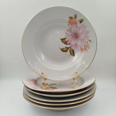 Набор суповых (глубоких) тарелок "Астры" на 6 персон, фарфор, деколь, золочение, Дулевский фарфоровый завод (Дулёво), СССР, 1968-1991 гг.